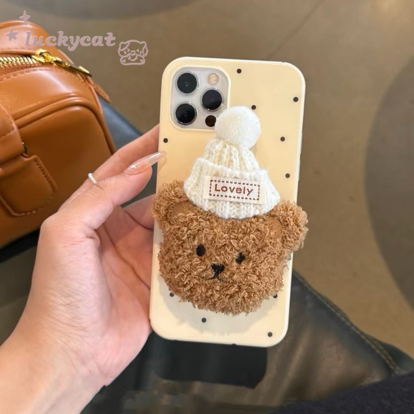 Iphone 16 15 14 13 12 11 Pro Max X Xr Xs Max 7 8 Plus SE2020 เคสโทรศัพท์น่ารัก 3D DIY สวมใส่หมวกและตุ๊กตาตุ๊กตาหมีปกอ่อน
