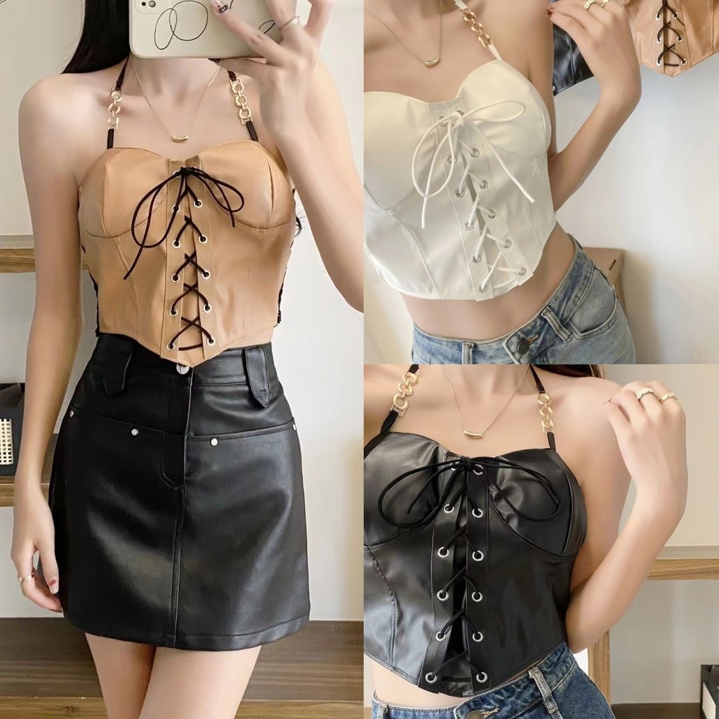 Evelyn เสื้อกล้าม มีฟองน้ำ เชือกแขวนคอ สไตล์ ผ้าหนังเสื้อครอป ผูกเชือก y2k เซ็กซี่ สีพื้นเท่มาก#FY9067#1