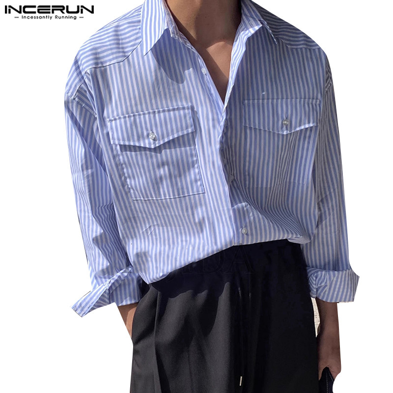 ไม่แน่นอน ผู้ชายเกาหลีลําลองลายกระเป๋าคู่เสื้อแขนยาว