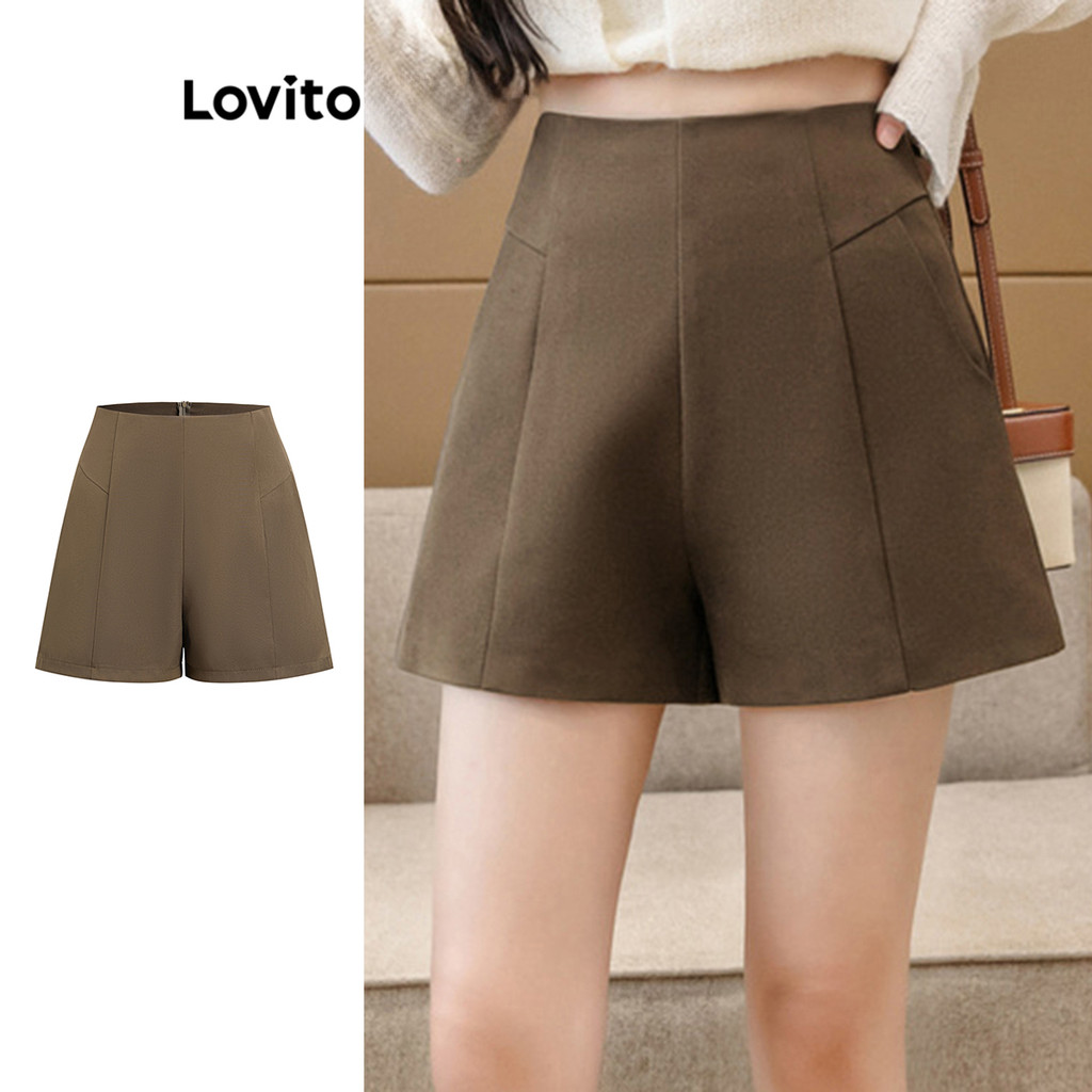 Lovito กางเกงขาสั้นซิปเรียบหรูสำหรับผู้หญิง L108ED622