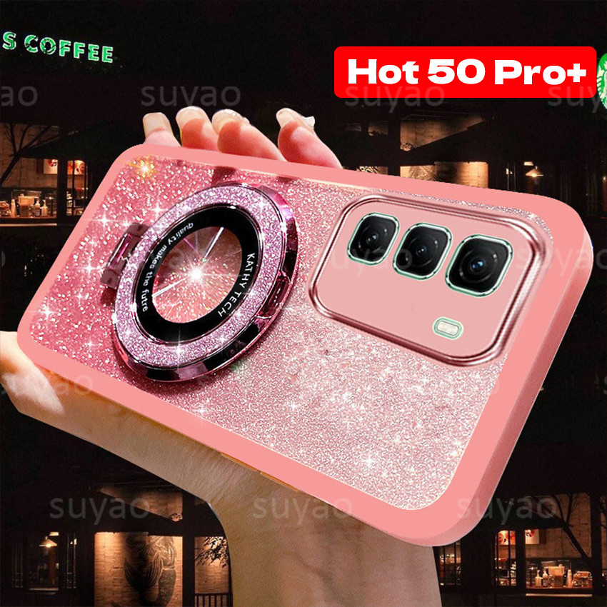 สําหรับinfinix Hot 50 Pro Plus Pro + 50iเคสโทรศัพท์BlingแหวนHot50Pro + Holder Anti-Shockแม่เหล็กGlitter Rugger TPUหรูหราน่ารักสาวSlim SoftปลอกShockProof Full Shellปกหลัง