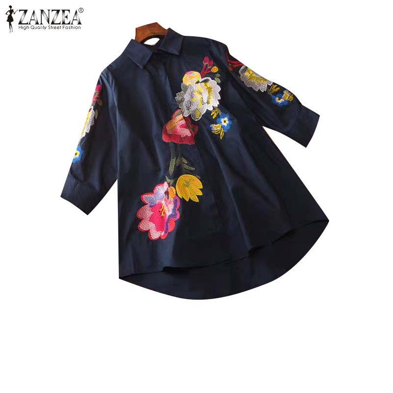 ZANZEA ใส่ ซานเซีย ผู้หญิงวินเทจที่เรียบง่ายสบายๆหลวมเปิดลงปกดอกไม้พิมพ์เสื้อแขนยาว