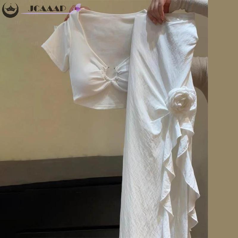 Jcaap แฟชั่น Hollow เสื้อยืดชุดกระโปรงดอกไม้ไม่สม่ําเสมอสําหรับผู้หญิง Th