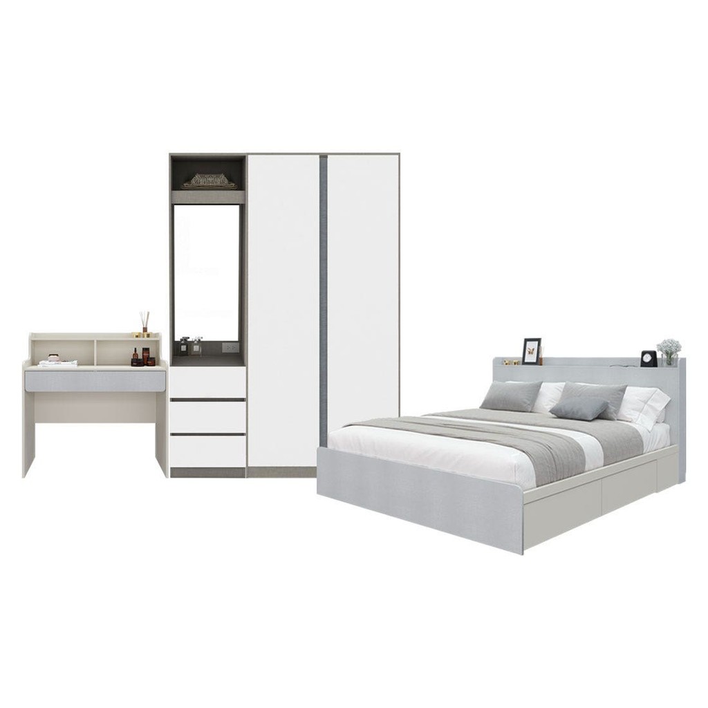 SB Design Square ชุดห้องนอน 6 ฟุต & ตู้ Blox 150 ซม. & โต๊ะเครื่องแป้ง รุ่น Aiko สีขาว  แบรนด์ KONCE