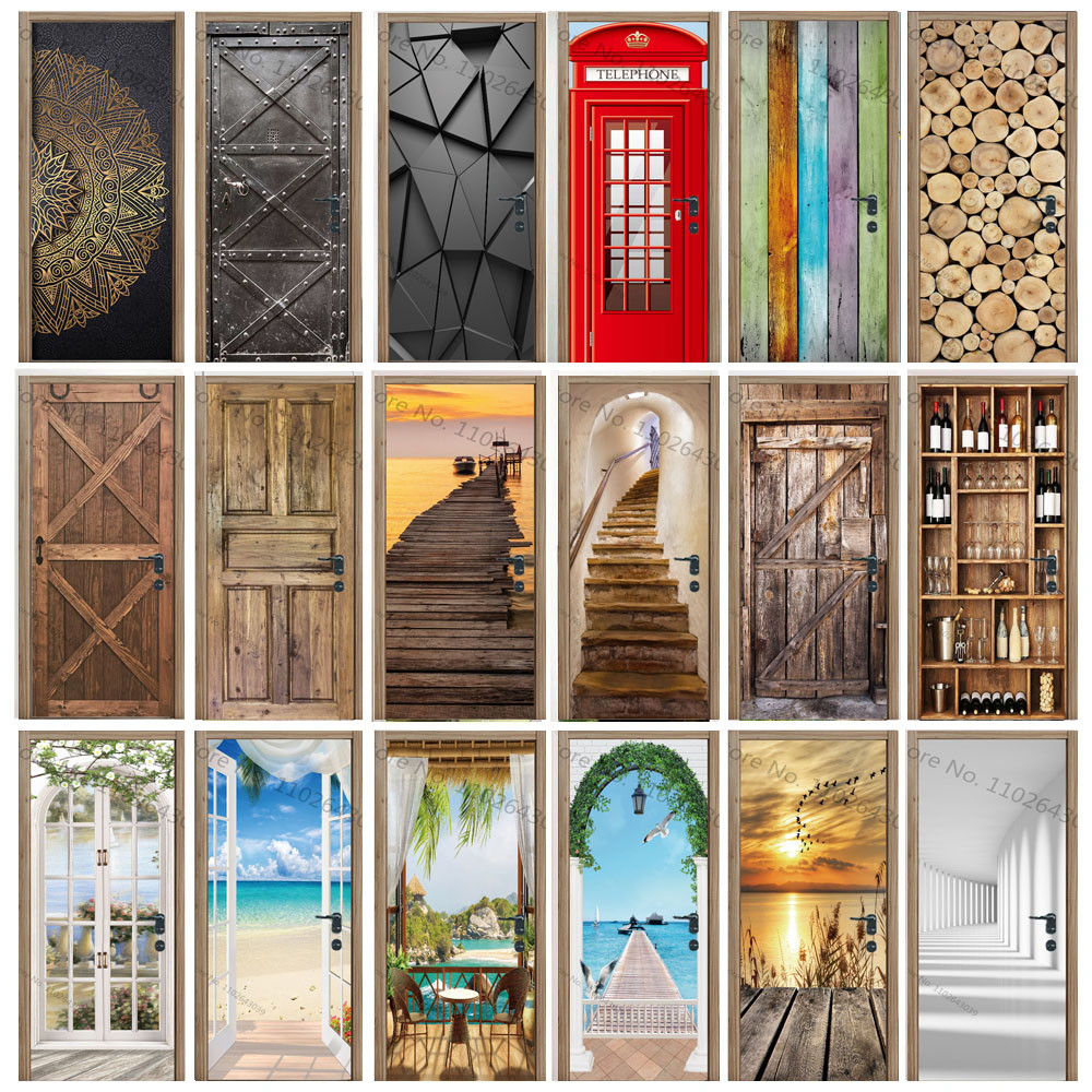 Multi สไตล์ 3D สติกเกอร์ประตู Self กาววอลล์เปเปอร์ PVC ลายไม้ประตูบ้าน Wall กระดาษ Apartment ตู้เย็น Art Mural