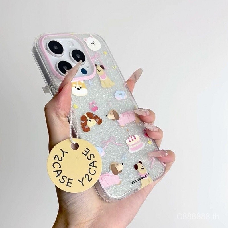 เคสโทรศัพท์สำหรับ iPhone ริบบิ้นสุนัข15/14PROMAX โปร่งใส13/12/11pro xsmax/XR น่ารักกลิตเตอร์7/8PLUS เคสป้องกันแบบเต็มรูใหญ่กันกระแทก jg8a