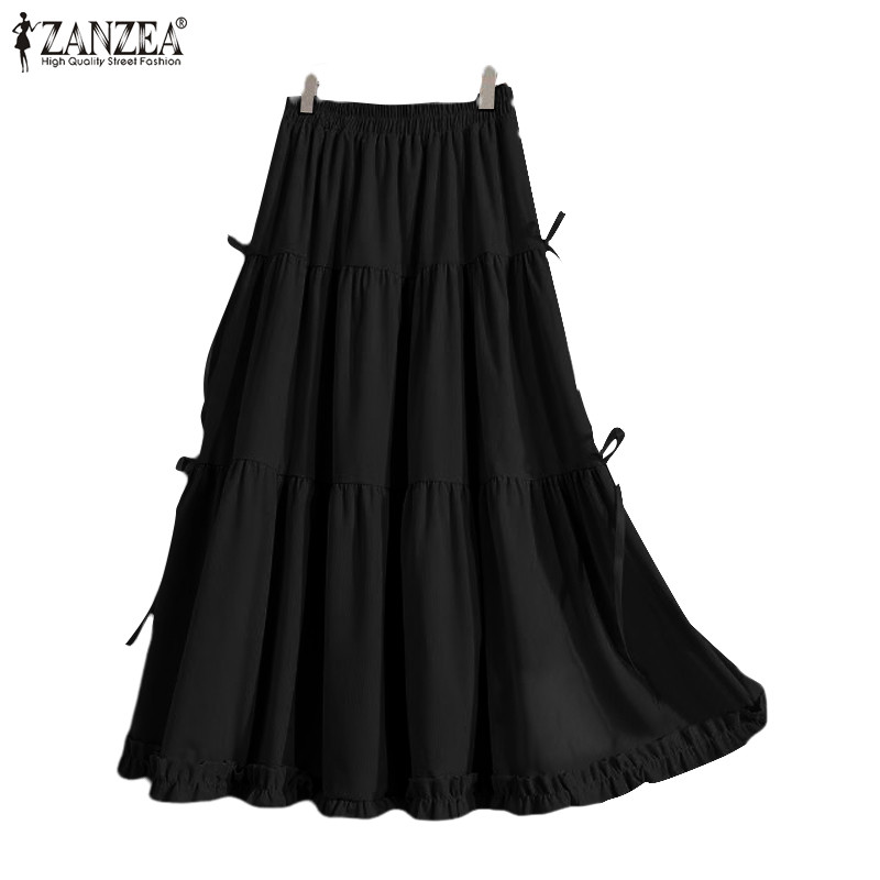 Zanzea ผู้หญิงเกาหลีลําลองเอวยางยืดผูกชั้นออกแบบกระโปรง A-Line Ruffled