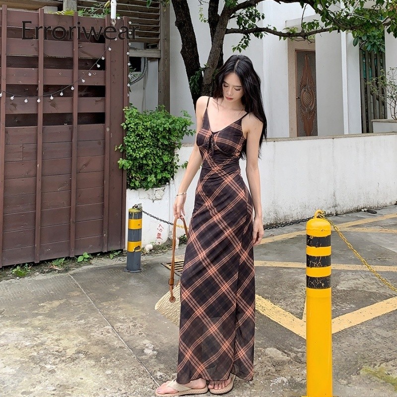 Erroriwear ผู้หญิง Maxi Dress 2024 Retro ลายสก๊อต V คอ Backless ปรับสายรัด Casual Cami Dresses
