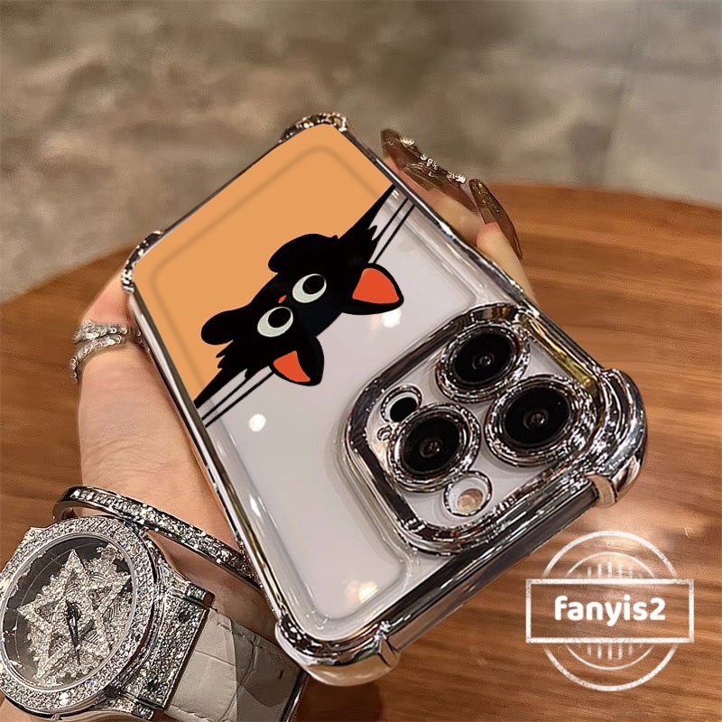 สําหรับ Infinix Hot 40Pro 50i 40i 30i สมาร์ท 9 8 7 5 Note40 30 Tecno Spark Go 2024 2023 ปลอกการ์ตูนแมวดําเคสโทรศัพท์ชุบโปร่งใสสี่มุม Anti Fall ถุงลมนิรภัยฝาครอบ