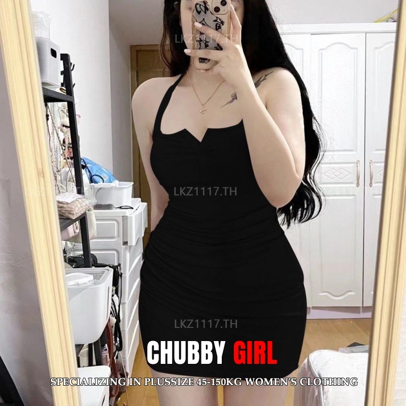 Plus size เสื้อผ้าสาวอวบ เดรสสาวอวบอ้วน ไซส์ใหญ่ ผู้หญิง เดรสคล้องคอ ปาดไหล่ รัดรูป คอเหลี่ยม เซ็กซี่ จีบอก สีพื้น ฤดูร้อน สไตล์เกาหลีแฟชั่น