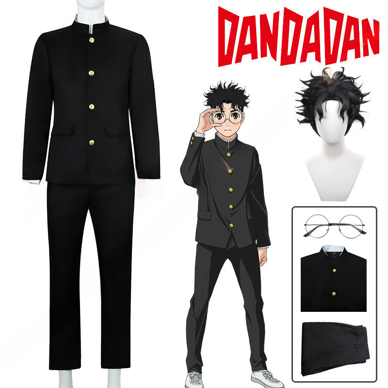 อะนิเมะ Dandadan Ken Takakura คอสเพลย์เครื่องแต่งกายวิกผม Okarun ชุดนักเรียนแจ็คเก็ตสีดํา Gakuran ชุดแว่นตาฮาโลวีนผู้หญิงผู้ชาย