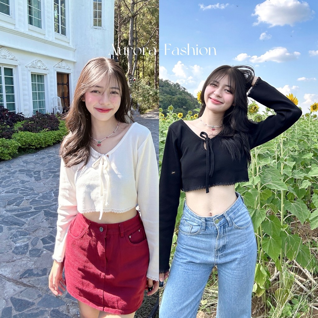 Aurora 🛒พร้อมส่ง🚚 Knit top แขนยาว แจ็คเก็ตคาร์ดิแกนกันแดด ดีเทลผูกเชือกตรงหน้าอกน่ารักมาก สีขาวดำ 7650