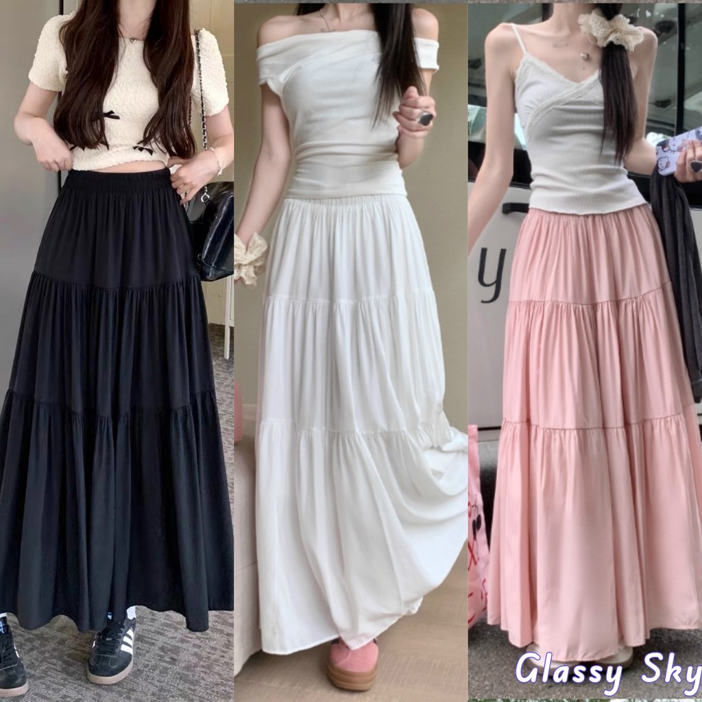 Glassy Sky พร้อมส่ง กระโปรงขาว เอวสูงเวอร์ชั่นเกาหลี กระโปรงยาวผ้าดี หวานสุดๆใส่สบาย สไตล์สุดชิค สีทึบ(2024-H)