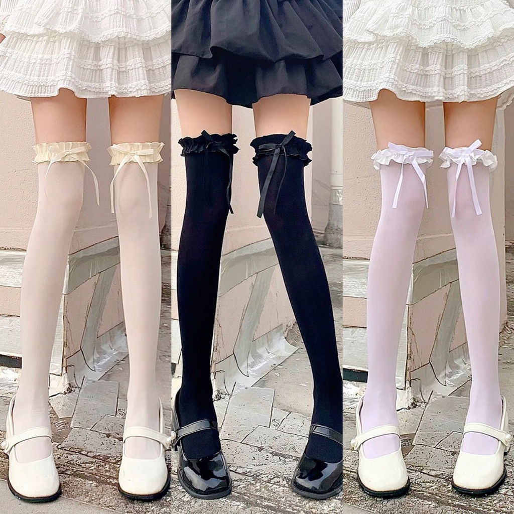 โลลิต้าโบว์นัวเนียถุงเท้าผู้หญิงกํามะหยี่เข่าสูงถุงเท้า เจเค สไตล์วิทยาลัยน้ํานมสีขาวสีดําลูกไม้ถุงเท้าต้นขา
