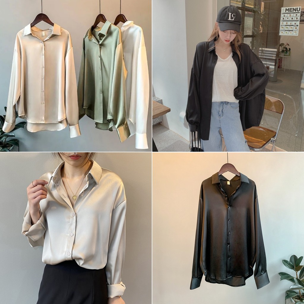 Betty house พร้อมส่ง เสื้อเชิ้ตผู้หญิง oversize เสื้อเบลาส์ สไตล์เกาหลี ผ้าซาติน ทรงหลวมคอปก แขนยาวแฟชั่น
