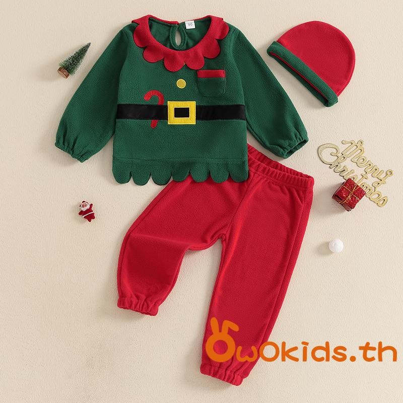 Grao-kid Santa Claus เครื่องแต่งกายชุดขนแกะเสื้อแขนยาวกางเกงเอวยางยืดหมวกคอสเพลย์เครื่องแต่งกายสําหรับคริสต์มาสปาร์ตี้ฮาโลวีน