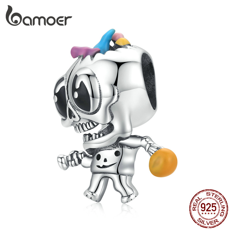 Bamoer 925 Sterling Sliver สร้อยคอ Halloween Skull Design Simple DIY สําหรับสร้อยข้อมือผู้หญิง SCC19