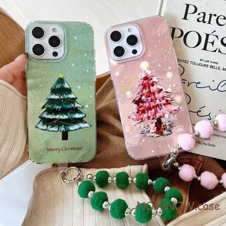 Iphone 16 15 14 13 12 11 Pro Max X XR XS Max 7 8 Plus INS ฤดูหนาวหิมะต้นคริสต์มาสสร้อยข้อมือตุ๊กตาคู่เคสโทรศัพท์ปกอ่อน