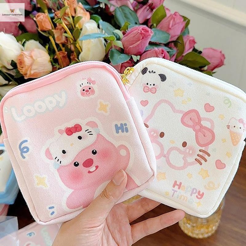 SANRIO ปลาค็อด 1ชิ้นมินิเครื่องสําอางกระเป๋าใส่เหรียญกระเป๋าของขวัญ น่ารัก ซานริโอ สวัสดี คิตตี้ การ์ตูนผู้หญิง ผ้าอนามัยแบบสอด ผ้าอนามัยถุงเก็บใ
