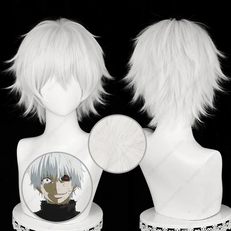Anime Ken Kaneki Cosplay Wigs 30cm Silver White Fluffy Short Wigs Heat Resistant Synthetic Hair Hall