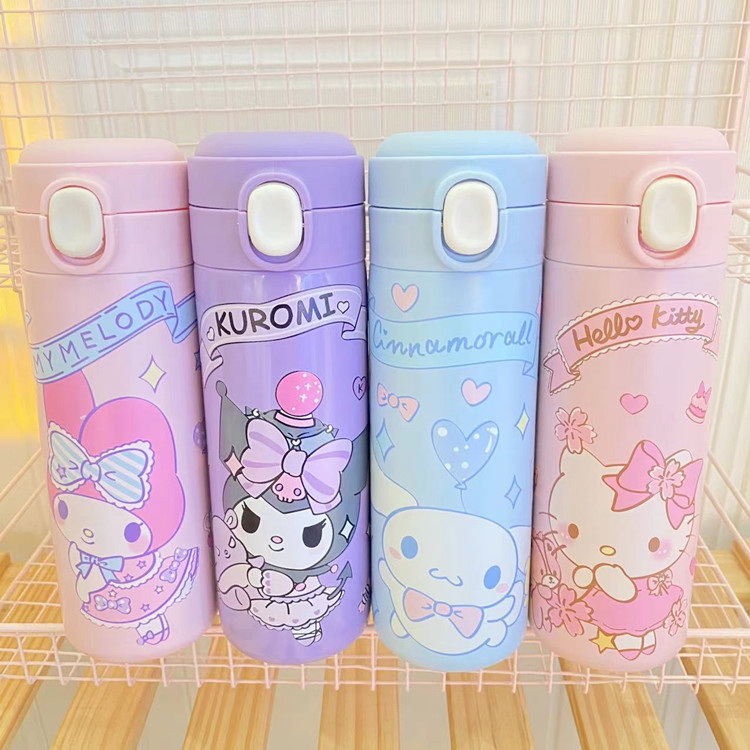 กระติกน้ําร้อน ลายการ์ตูน Hello Kitty Kuromi Sanrio Cinnamoroll แบบพกพา สําหรับเด็กนักเรียน