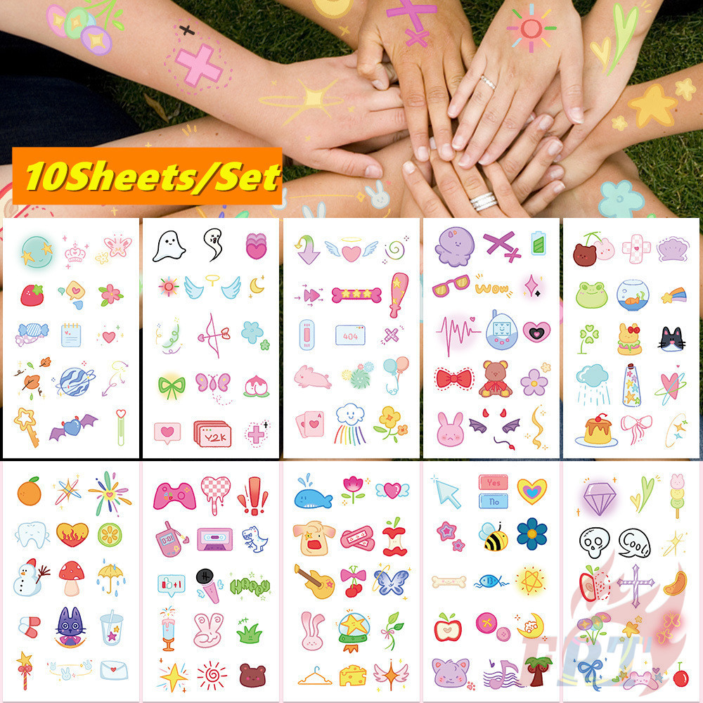 Y2k Girls Art . สติ๊กเกอร์รอยสักชั่วคราวการ์ตูนหวาน 10แผ่น/ชุดรอยสักกันน้ําสําหรับเซ็กซี่แขนกระดูกไหปลาร้าร่างกายศิลปะมือเท้า