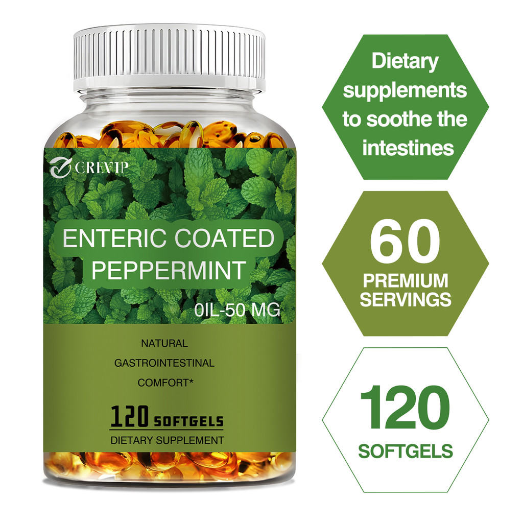 Grevip Peppermint Oil Softgels - อาหารเสริมสะระแหน่, เม็ดน้ํามันสะระแหน่, แคปซูลน้ํามันสะระแหน่ 50 มก. - ปราศจากกลูเตน, 10/30/60/120 แคปซูล