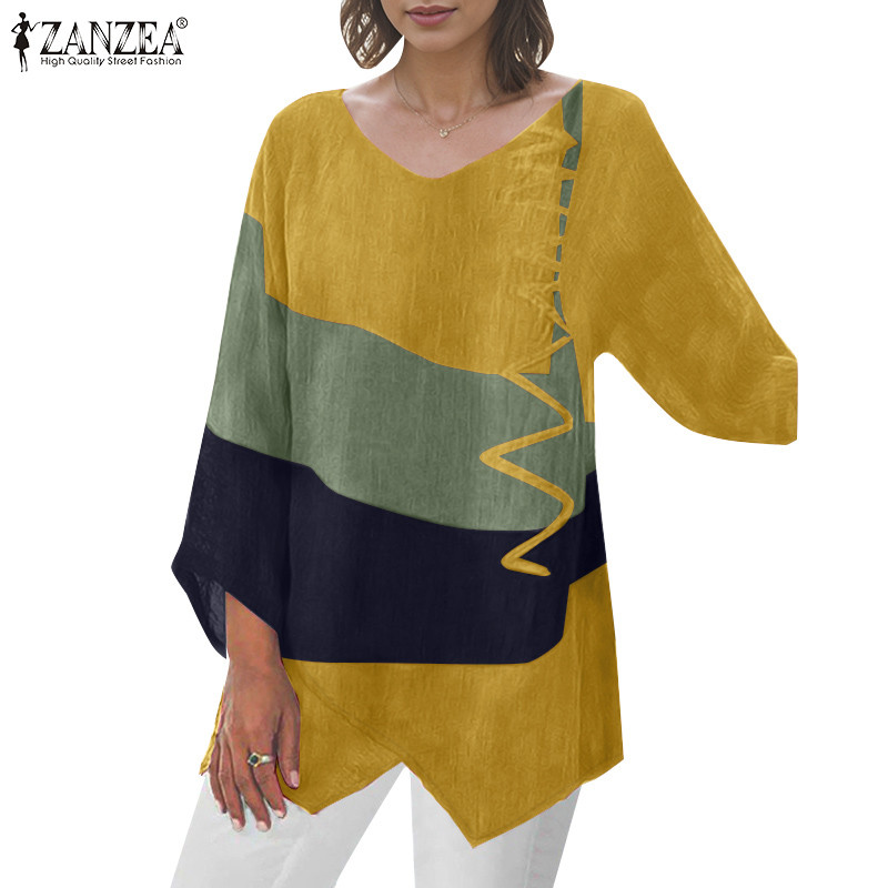 Zanzea เสื้อเบลาส์สตรีวินเทจลําลองประกบสีปิดกั้นคอวีไม่สม่ําเสมอ