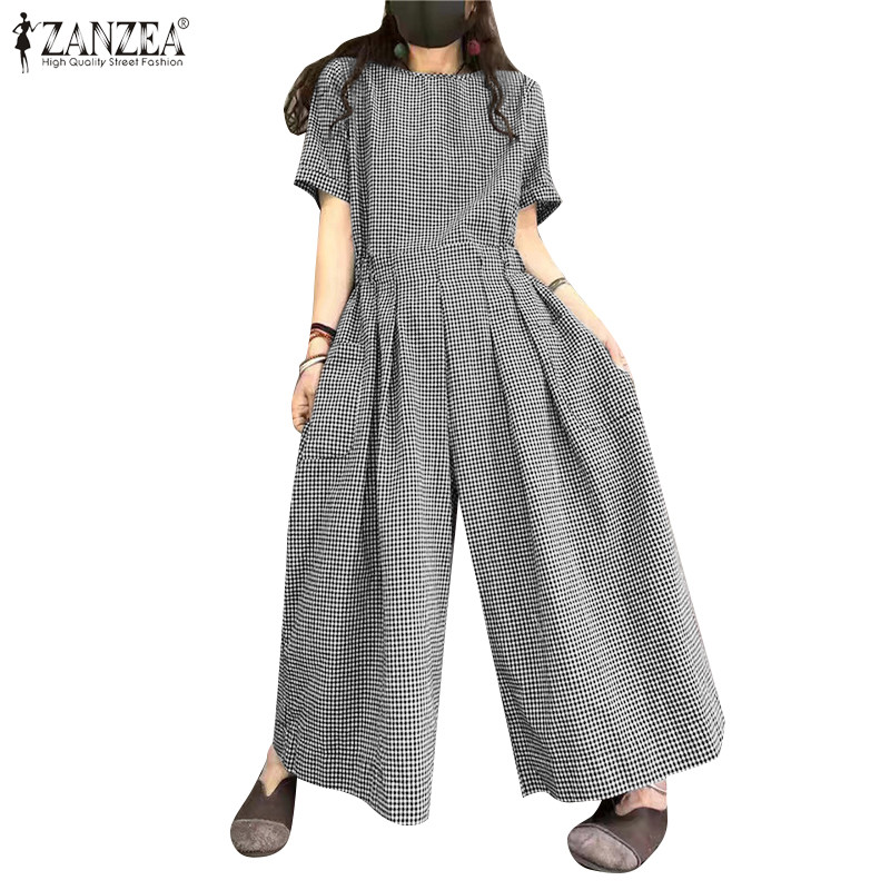 ZANZEA ใส่ ซานเซีย ผู้หญิงเกาหลีลายสก๊อตลูกเรือคอตารางพิมพ์แขนสั้นจีบกระเป๋าขากว้างเหมาะสมกับ