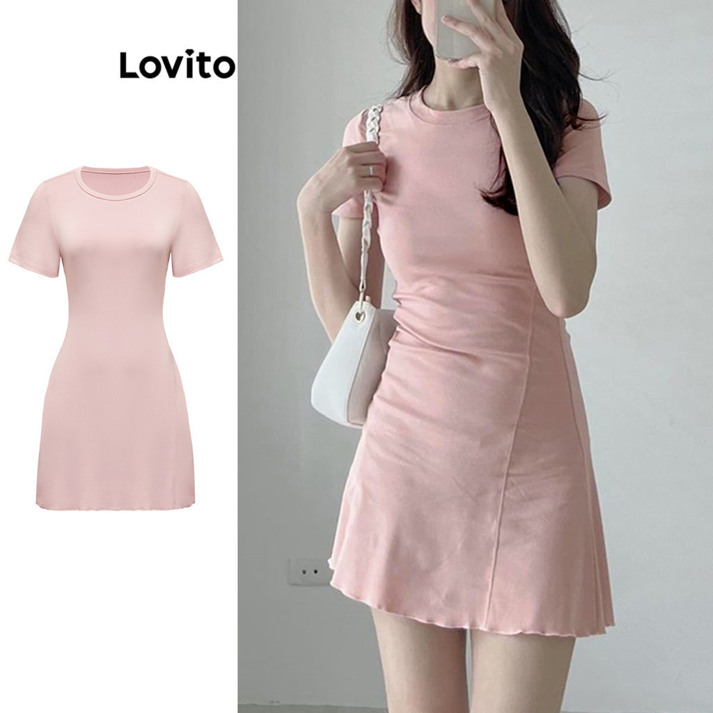Lovito ชุดเดรสผู้หญิง เบสิก ผ้านิ่มและใส่สบาย สีพื้น สไตล์ลำลอง L87ED139
