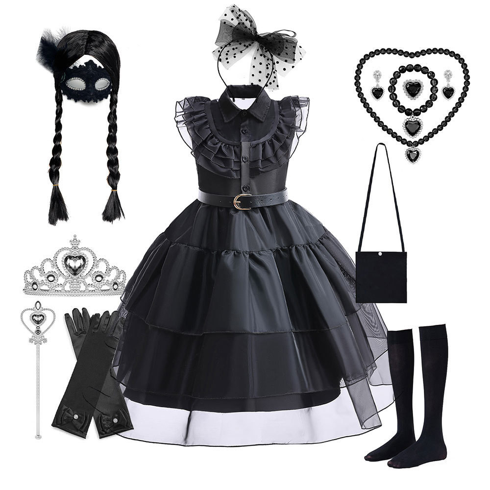 Wednesday Addams ชุดคอสเพลย์เด็ก เดรสชีฟองสีดําของ Adams
