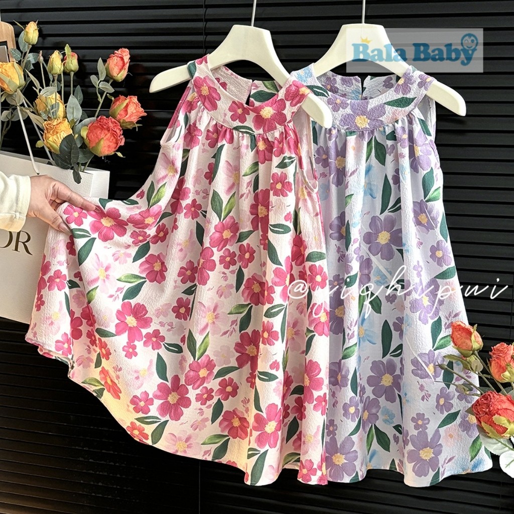 ชุดเดรสลายดอกไม้  ชุดเดรสวันพีช แขนกุด แฟชั่นสำหรับเด็กผู้หญิง Size 80-120 cm LYQ24