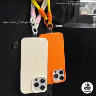 เคสหนัง For iPhone 16 เคสนิ่ม TPU เรียบง่าย สีลูกกวาด เคส + Lanyard For iPhone 15 11 16 14 13 12 Pro max XS XR 7 8 Plus