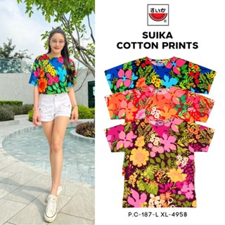 เสื้อแตงโม (SUIKA) - เสื้อยืด คอปาด โปเชียล พิมพ์ลายFLORA ( …