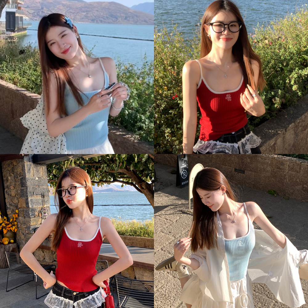 💝Bonnie💝เสื้อสายเดี่ยว สีสดใส ผ้าร่องปักตัวอักษร แขนกุด เสื้อครอป ใส่สบาย แฟชั่นฤดูร้อน พร้อมส่งจากไทย