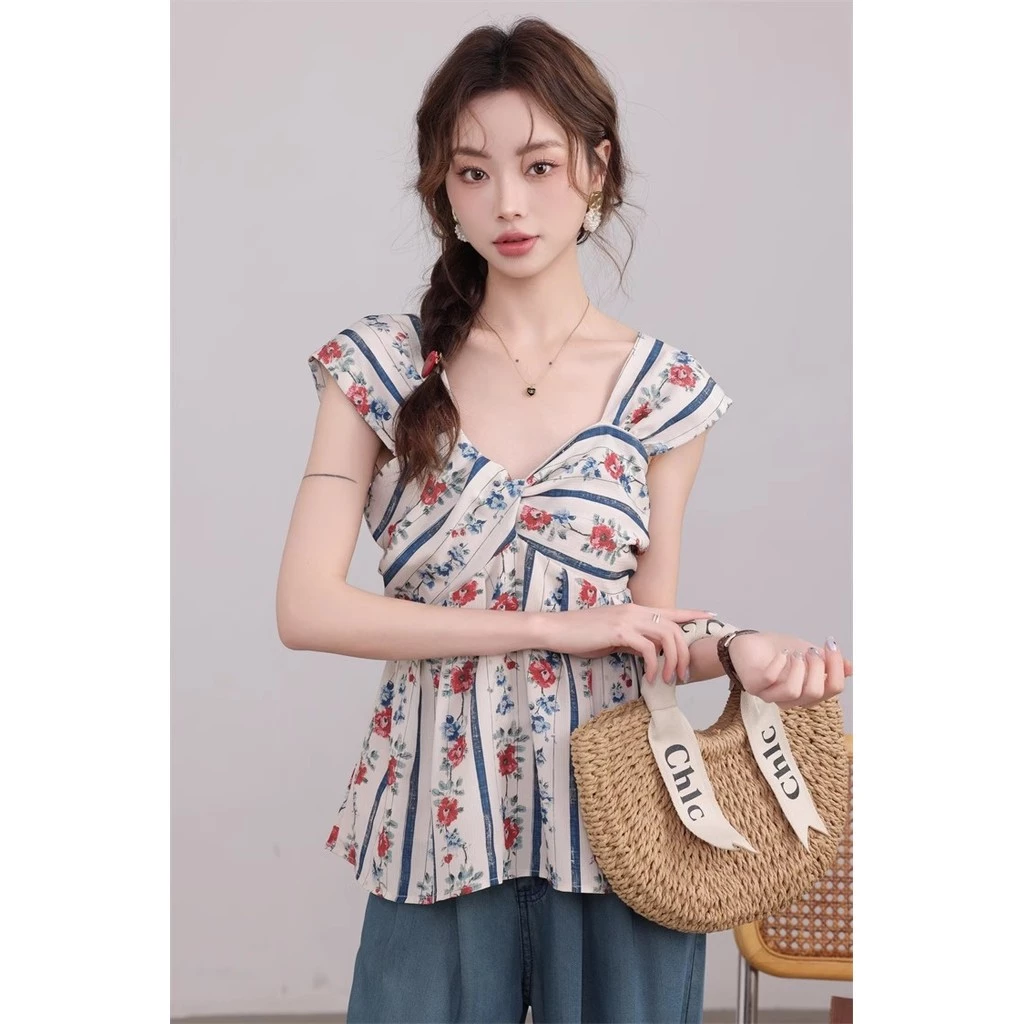 Gakki เสิ้อกล้ามลายดอกไม้สไตล์ย้อนยุคฝรั่งเศส เสื้อกั๊กแขนกุดทรงสลิม พร้อมส่ง รุ่น 8K136#