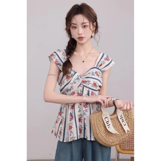 Gakki เสิ้อกล้ามลายดอกไม้สไตล์ย้อนยุคฝรั่งเศส เสื้อกั๊กแขนกุดทรงสลิม พร้อมส่ง รุ่น 8K136#