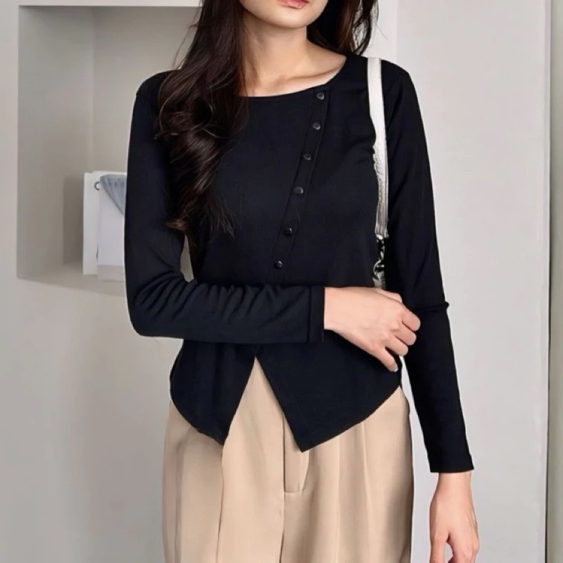 BHO - ZJD KINANTI WOMENS BLOUSE ปุ่มด้านข้างเต็มรูปแบบ / เสื้อขายด้านบนซี่โครงหิมะปุ่มคอสี่เหลี่ยม /