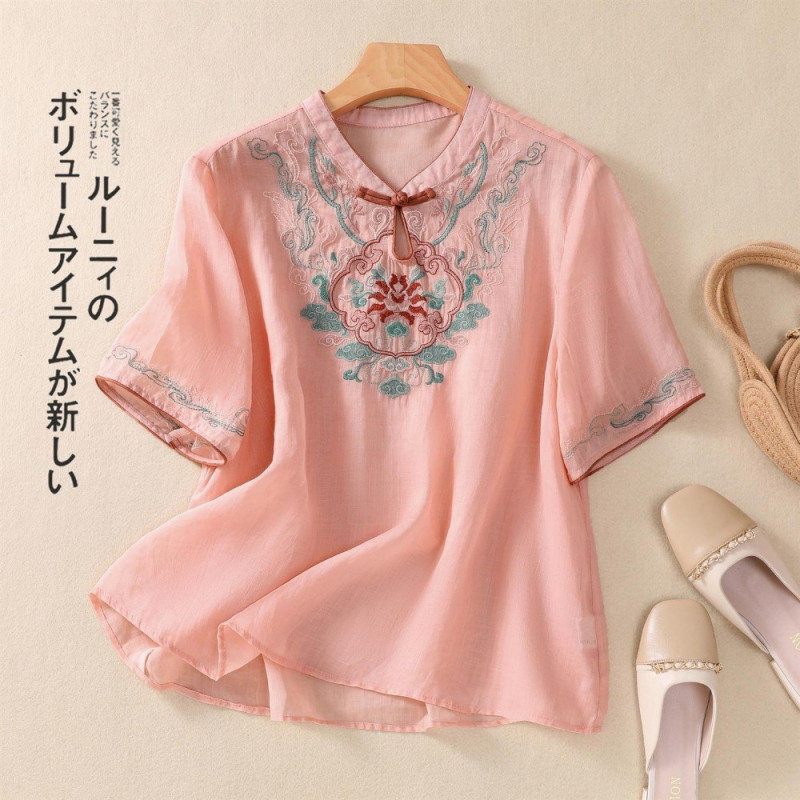 ปักเสื้อผู้หญิง กี่เพ้า ขนาดบวกที่ดีงามจีนผ้าฝ้ายผ้าลินินย้อนยุคหลวมแขนสั้นสุภาพสตรีเสื้อสีขาวสีเขียวสีแดงสีชมพูสีม่วง