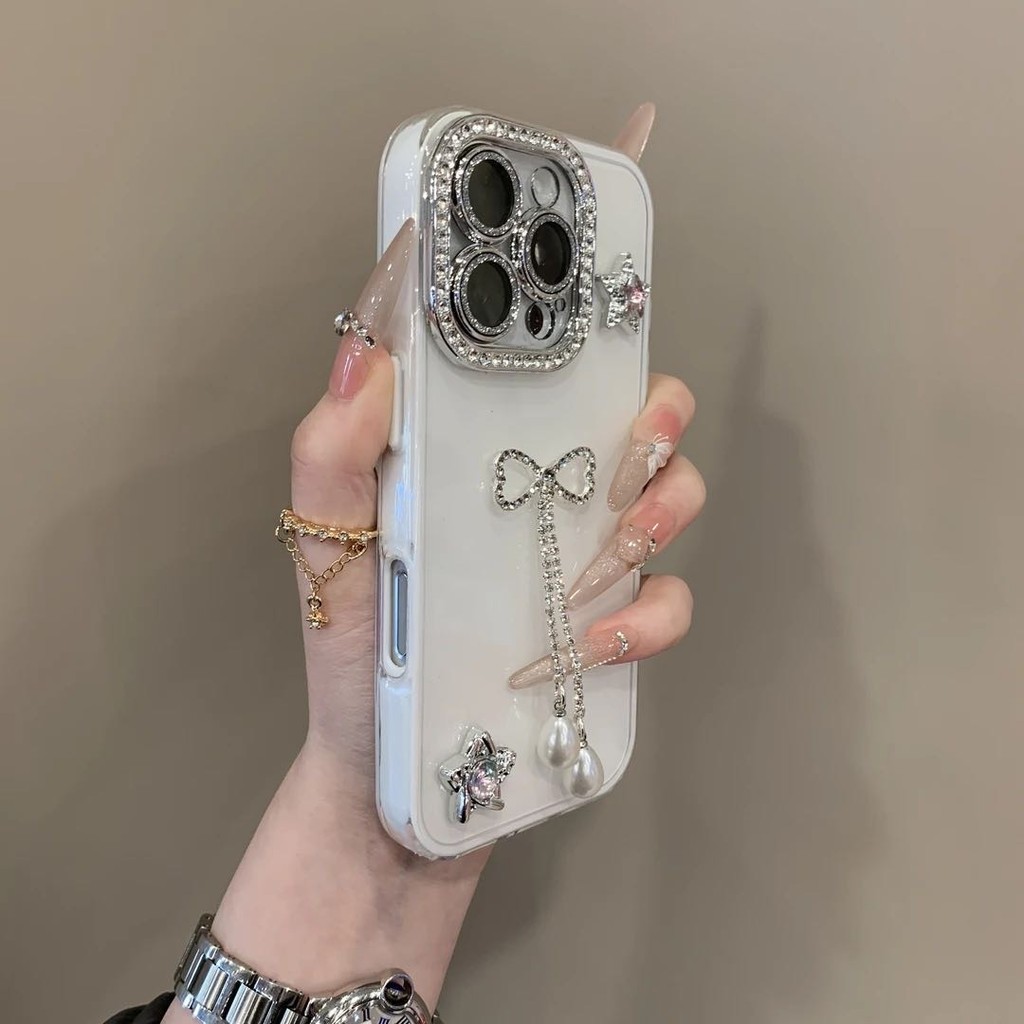 หรูหรา พลอยเทียม พู่โบว์เคสโทรศัพท์สําหรับ ไอโฟน16 มือโปร สูงสุด 15 14 13 12 11มือโปร สูงสุด กล้องกันกระแทกมาพร้อมกับเลนส์ฟิล์มป้องกันป้องกันการหล่นนิ่มด้