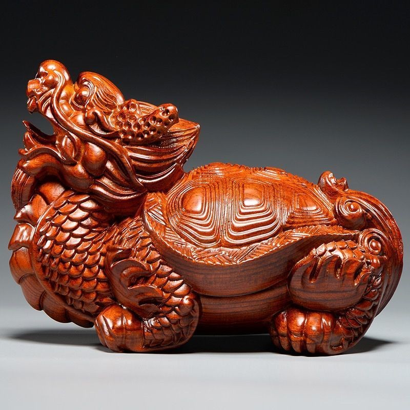 [Lucky Fortune Longevity] Rosewood แกะสลักเต่ามังกรเครื่องประดับไม้หัวมังกรเต่า Xuanwu บ้าน Feng Shui สํานักงานห้องนั่งเล่นตกแต่ง gdvh