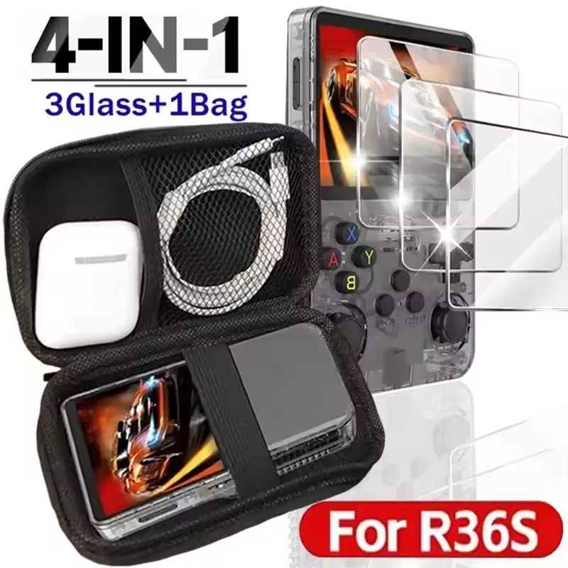 4 in 1 Glass + กระเป๋าสําหรับ R36S - Anti Scratch ป้องกันหน้าจอฟิล์มกระจกนิรภัย - EVA แบบพกพากรณีคอนโซลเกมมือถือกระเป๋า