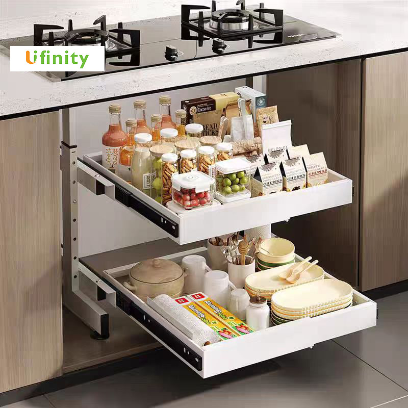 Lifinity ชั้นข้างตู้ครัว2ระดับ! ตะกร้าดึงออก+ลิ้นชัก เหล็กคาร์บอนแรง40kg ปรับ41-90cm สีดำ/ขาว​