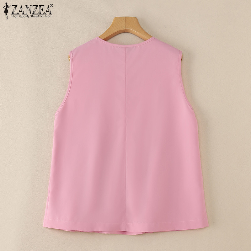 ZANZEA ซานเซีย ผู้หญิงฤดูร้อนเกาหลีลําลองจีบคอวีแขนกุดหลวมถัง - รูปที่ 6