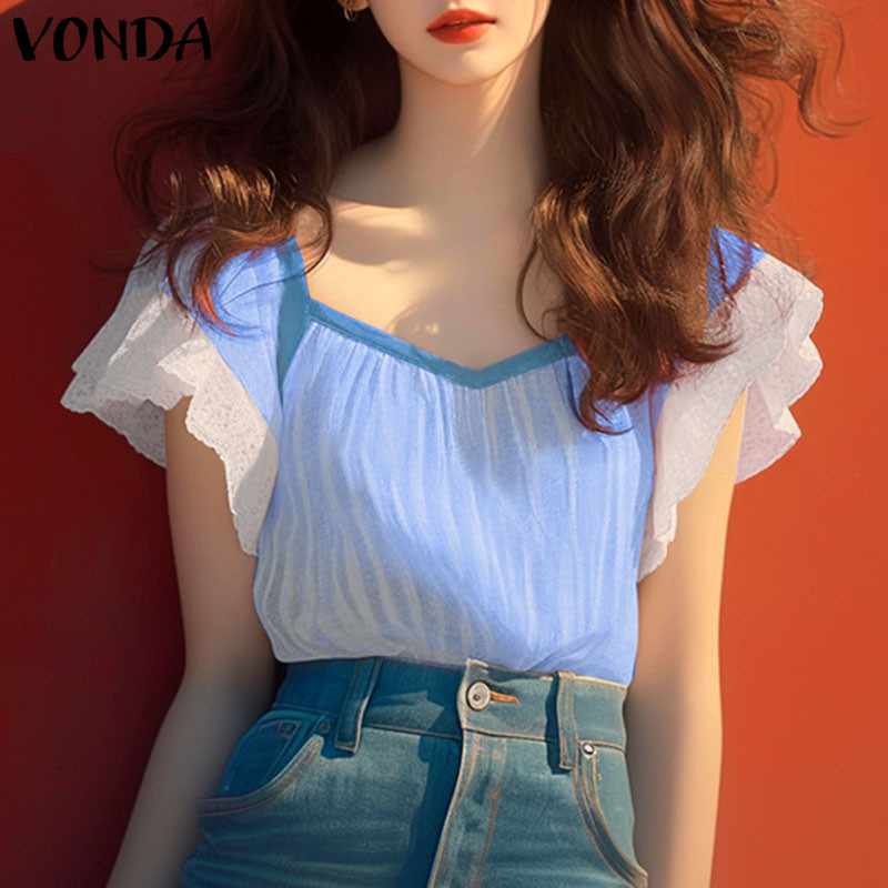 Vonda เสื้อลําลองคอวีแขนสั้นเกาหลีสําหรับผู้หญิง - รูปที่ 4