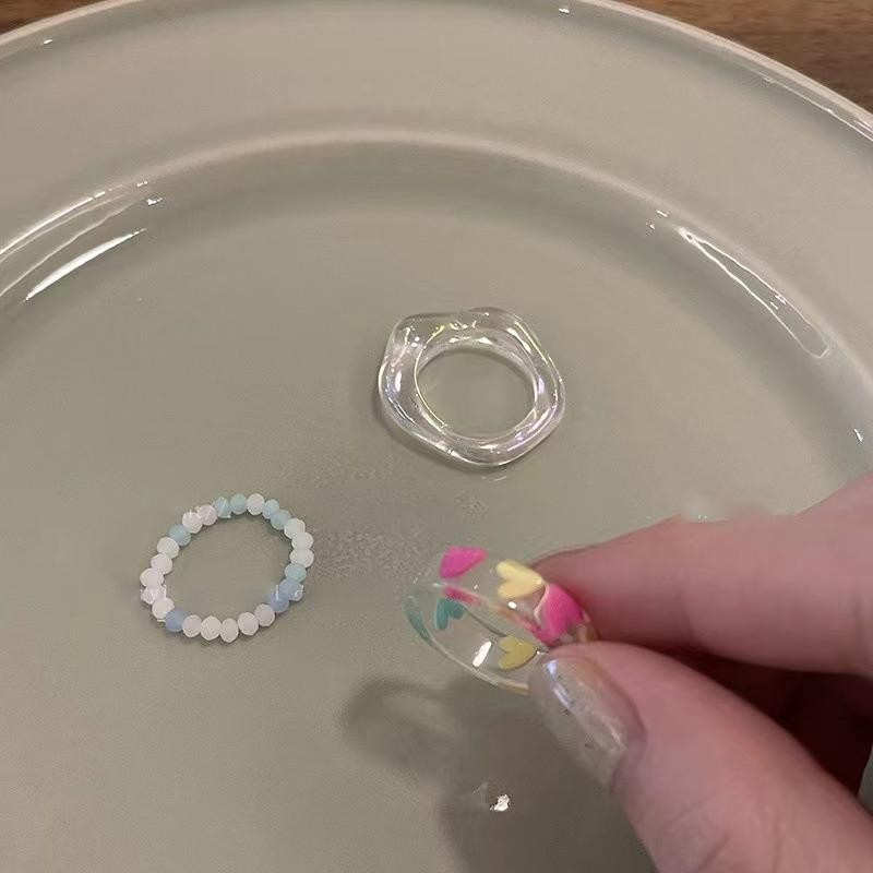 3ชิ้นหัวใจลูกปัดแหวนอะคริลิชุดนักเรียนหญิงสีโปร่งใสผิดปกติแหวนเรซิ่นของขวัญ - รูปที่ 4