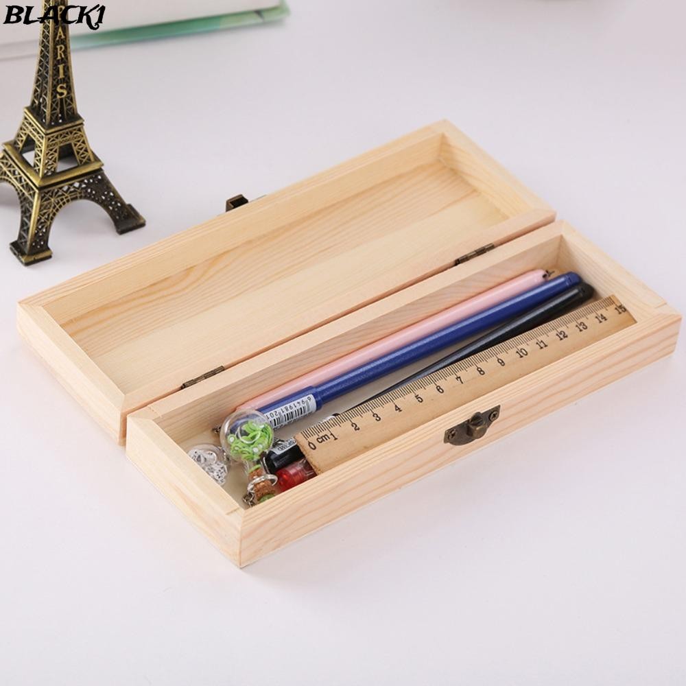 สีดํา1กล่องไม้,ย้อนยุคสก์ท็อปไม้กรณีดินสอ,กล่องเครื่องประดับความจุขนาดใหญ่กันน้ําโรงเรียนไม้กล่องเก็บบ้านซัพพลาย
