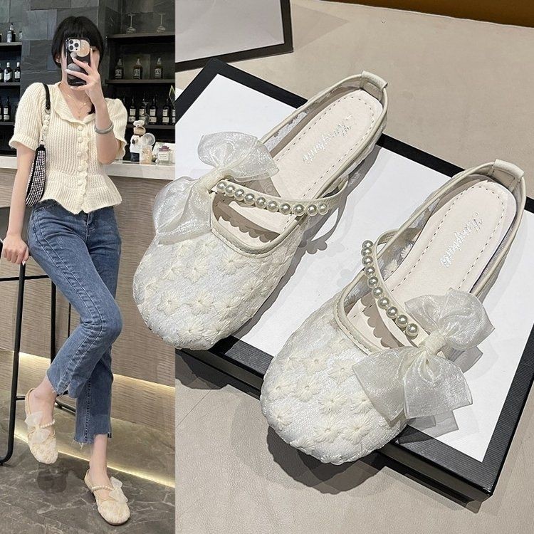 Mary Jane รองเท้าแตะผู้หญิง 2024 ฤดูร้อนสไตล์ใหม่กระโปรงสไตล์ Chanel รองเท้า Soft-Soled ลูกไม้เก่าปั