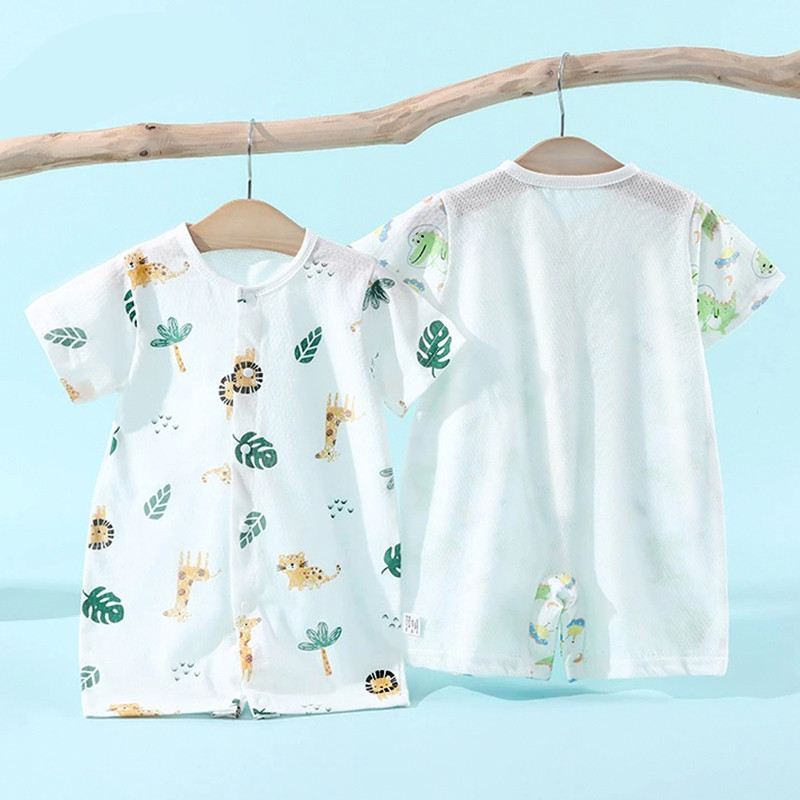 ชุดเด็กคลุมตัวแขนสั้น 100% ผ้าฝ้าย, แบบตาข่ายระบายอากาศ, บางเบาใส่สบาย, ชุดคลานสำหรับเด็กในฤดูร้อน, นุ่มสบายผิวลูกน้อย