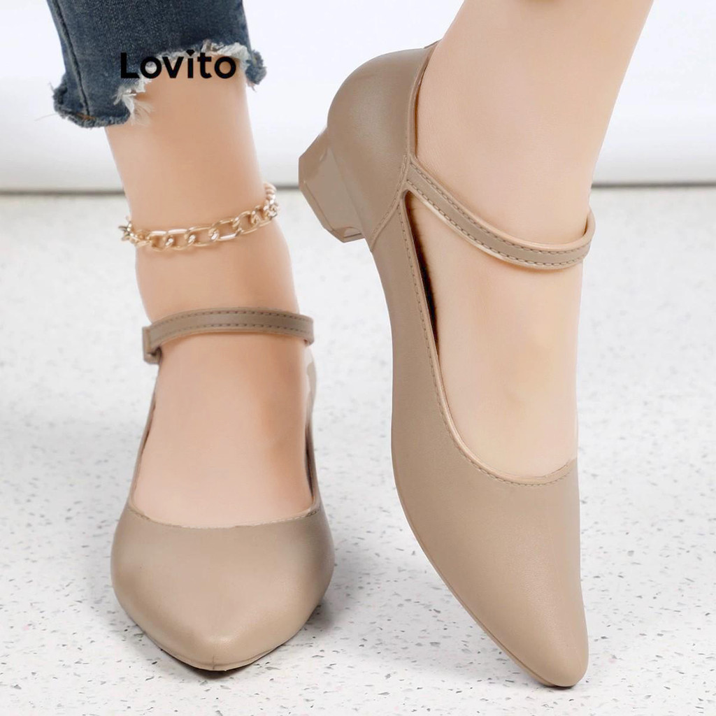 Lovito สง่างามธรรมดาชี้บล็อกส้นสบายสวมใส่ด้านนอกปากตื้นหนึ่งคําเข็มขัดรองเท้าส้นสูงสําหรับผู้หญิง  LFA64236